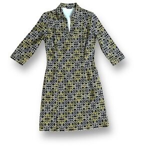 J.Mclaughlin canvas geometric heavy cotton Dress Yellow Black collared Size XS